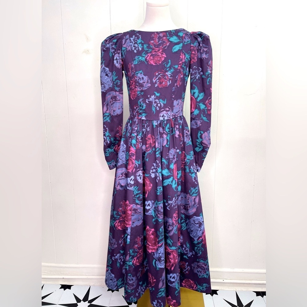 Vintage 1980’s Laura Ashley Floral Dress Cabbage Rose bold cotton full skirt